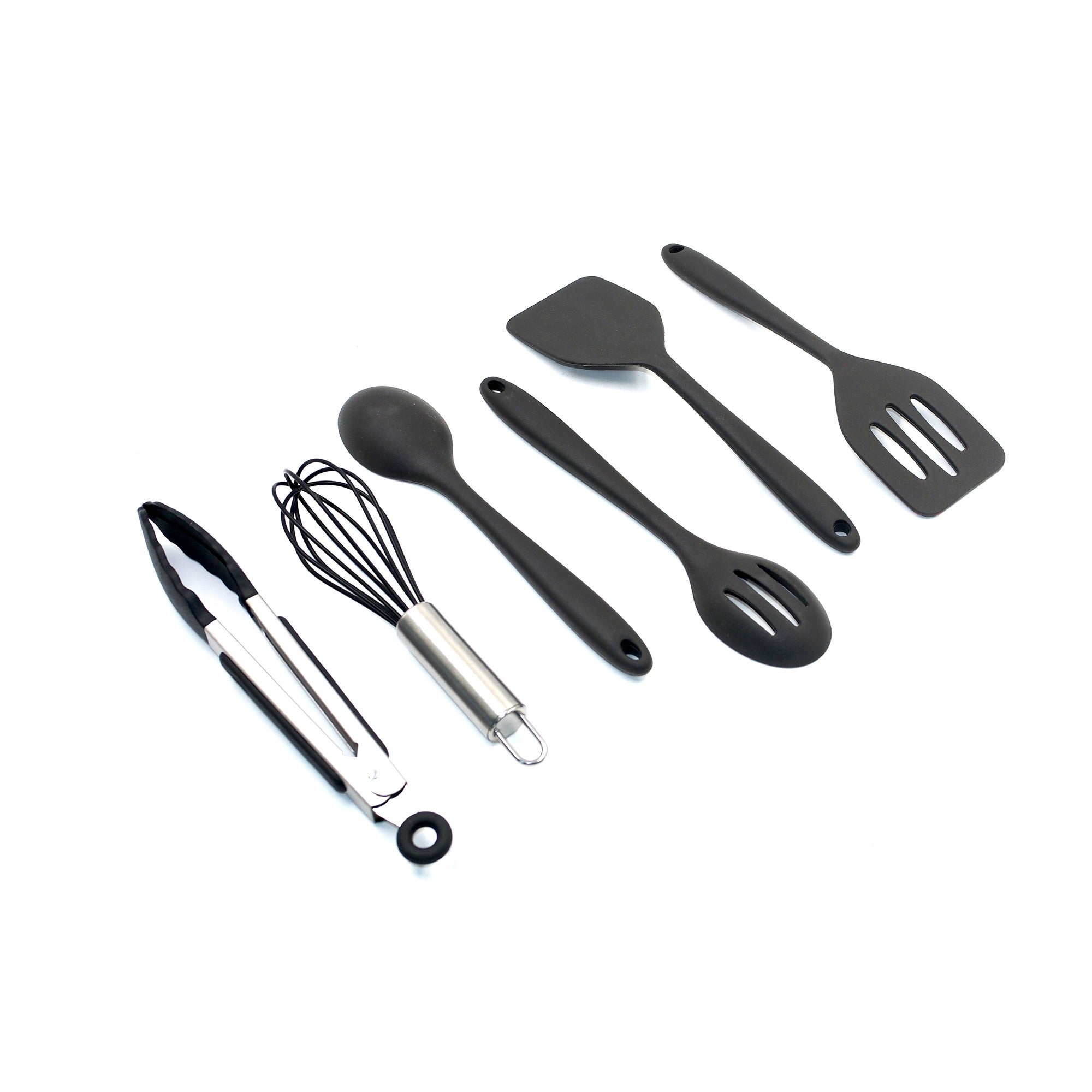 6-piece mini silicone utensil set featuring turners, spoons, whisk, and tongs for everyday cooking.