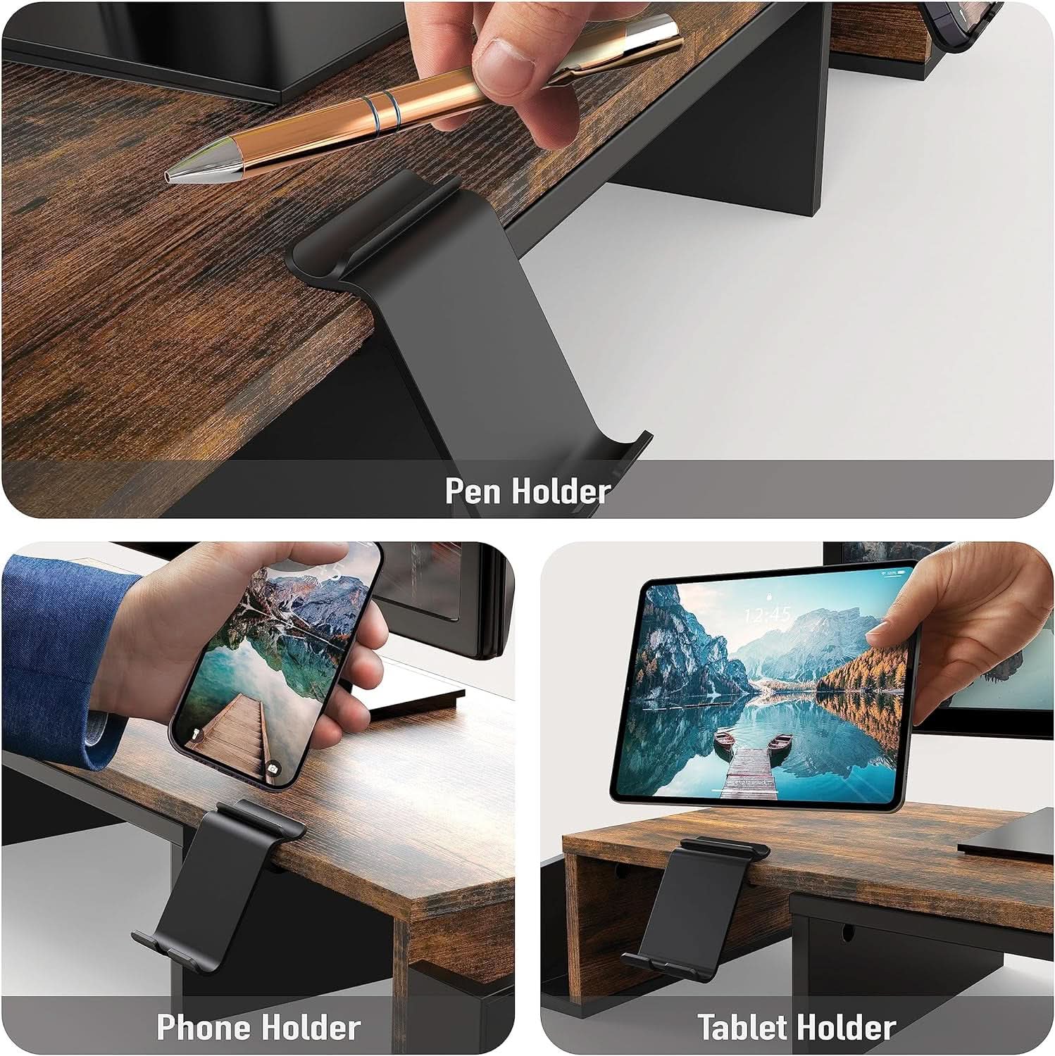 Rustic brown dual monitor stand riser with sliding storage drawer and smartphone holder on desk — view 4