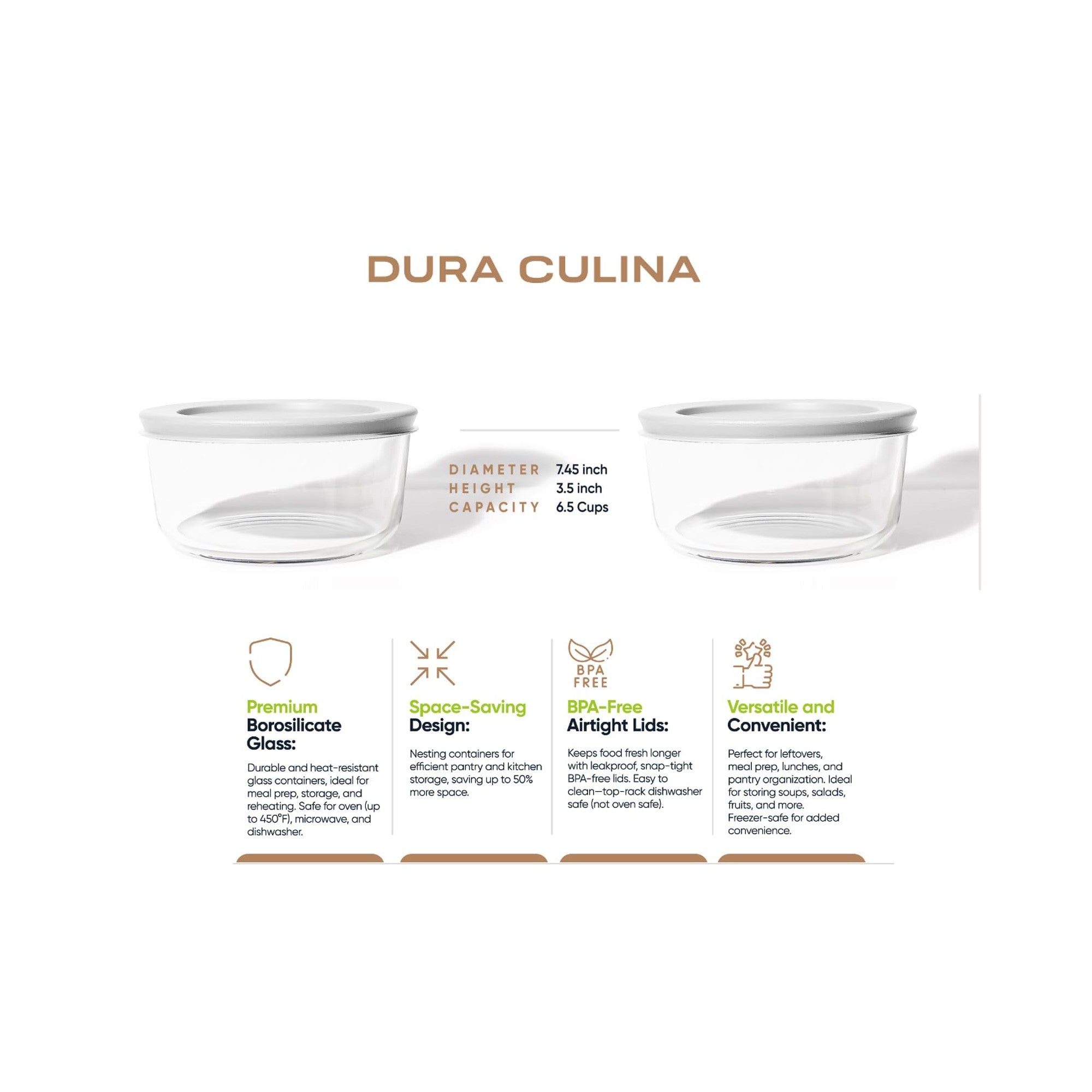 Four piece round borosilicate glass storage containers with airtight white lids for kitchen meal prep — view 3