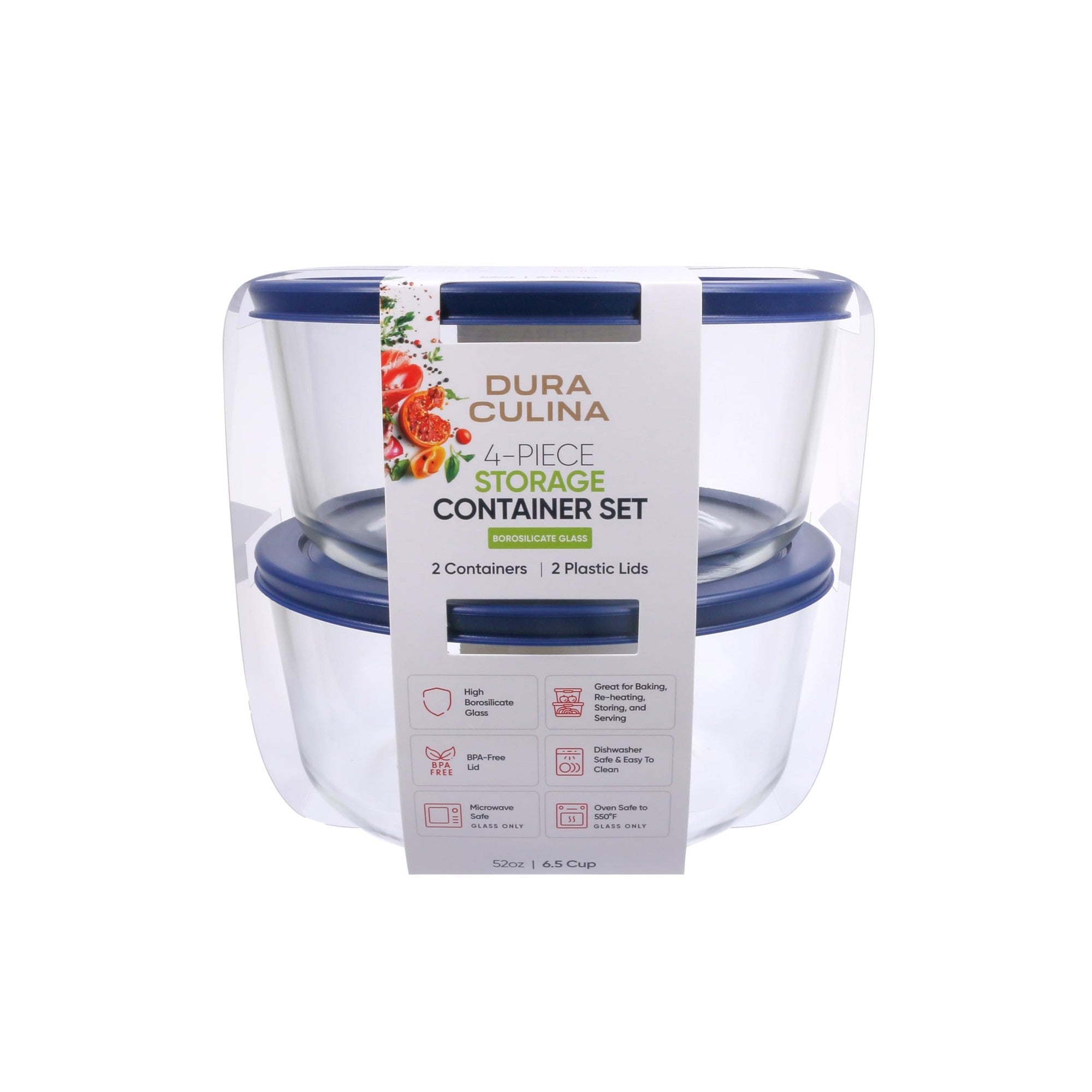 Four piece round glass food storage container set with airtight blue lids for kitchen meal prep — view 4