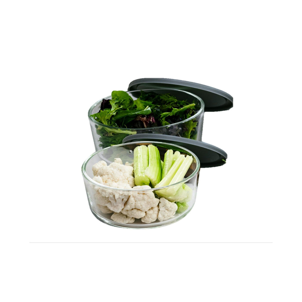 Four piece round glass food storage containers with airtight grey lids for kitchen organization — view 4