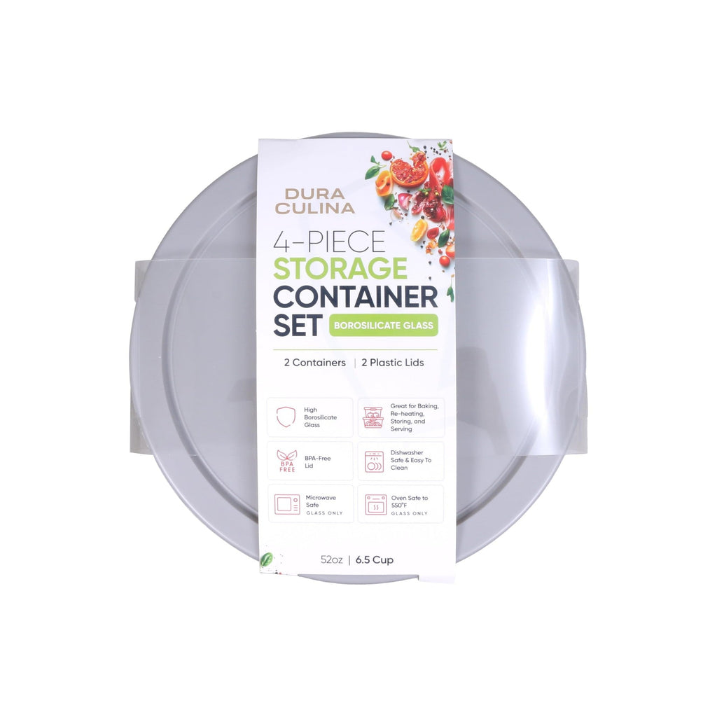 Four piece round glass food storage containers with airtight grey lids for kitchen organization — view 5