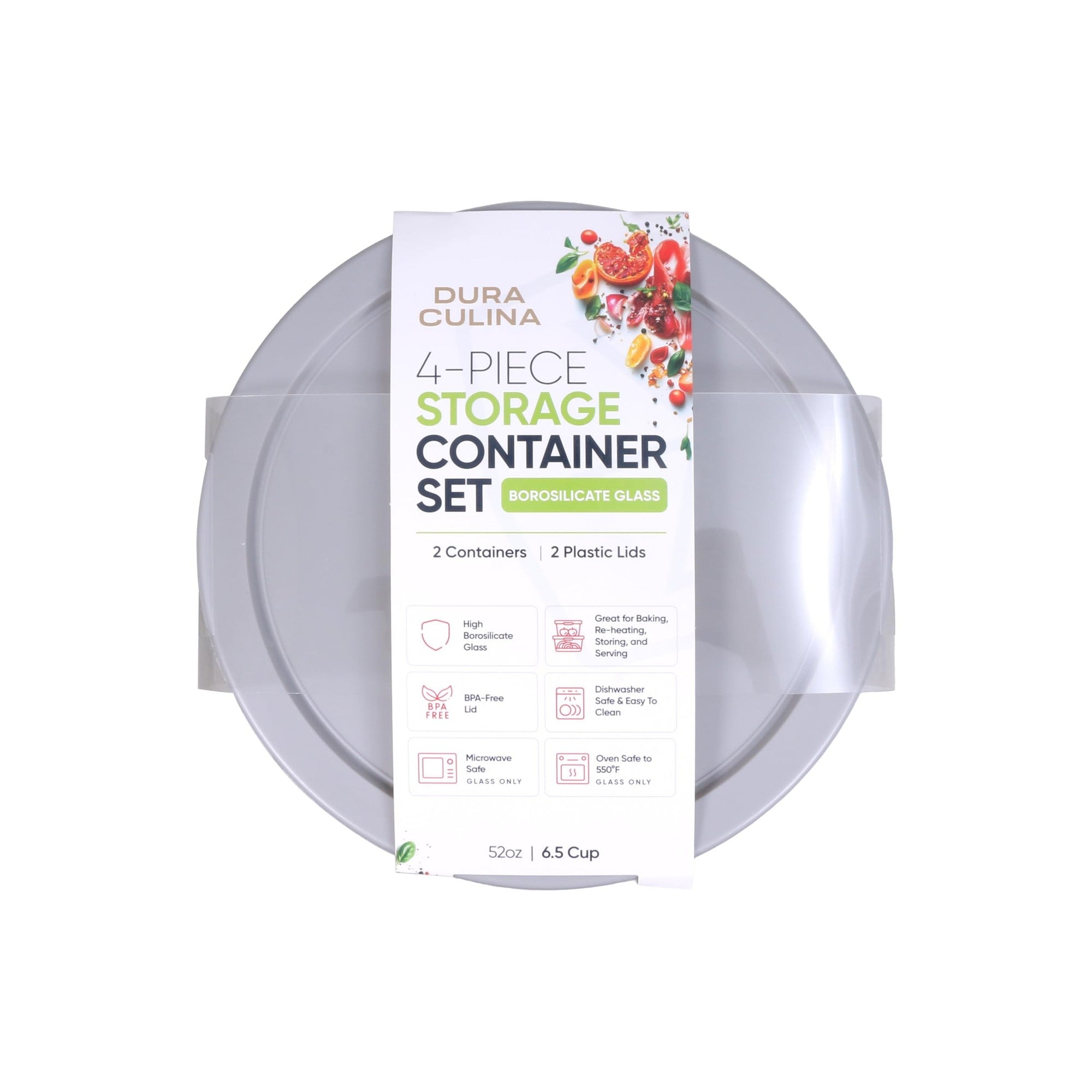 Four piece round glass food storage containers with airtight grey lids for kitchen organization — view 5
