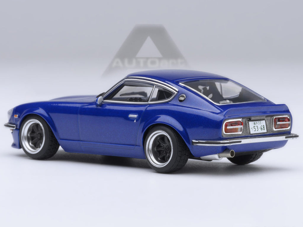 Nissan Fairlady Z 1/64 scale model car in metallic blue inside clear plastic display showcase — view 4