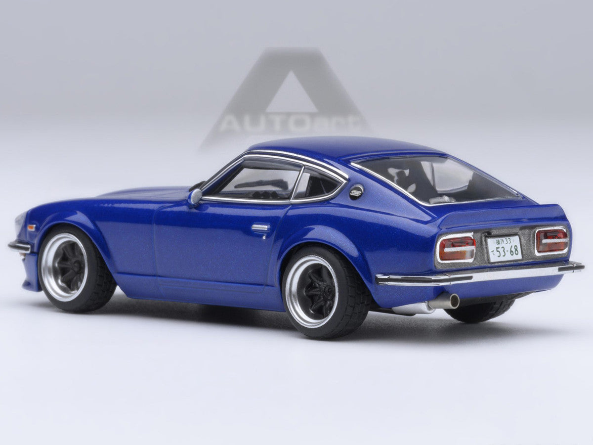 Nissan Fairlady Z 1/64 scale model car in metallic blue inside clear plastic display showcase — view 4