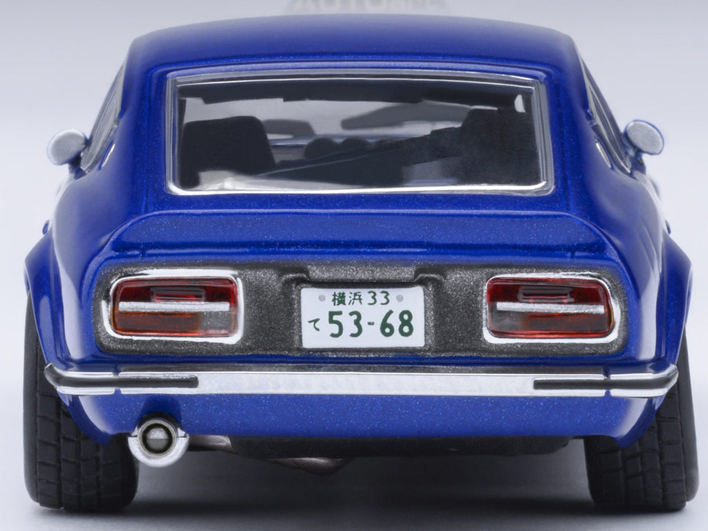 Nissan Fairlady Z 1/64 scale model car in metallic blue inside clear plastic display showcase — view 3