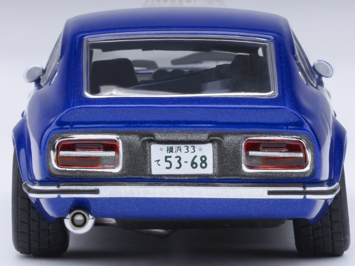Nissan Fairlady Z 1/64 scale model car in metallic blue inside clear plastic display showcase — view 3