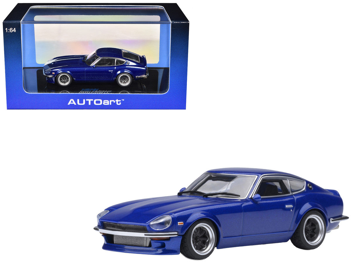 Nissan Fairlady Z 1/64 scale model car in metallic blue inside clear plastic display showcase — view 5
