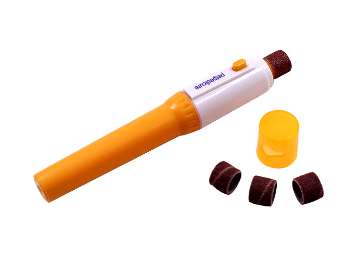 Yellow and white battery operated pet nail trimmer with three replaceable filing wheels — view 4