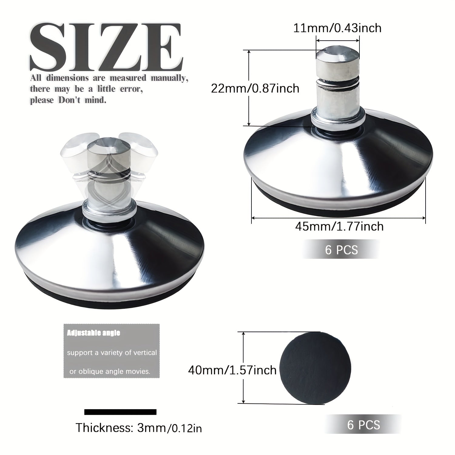 Stainless steel office chair casters set of six with self-adhesive black adhesive rubber pads — view 3