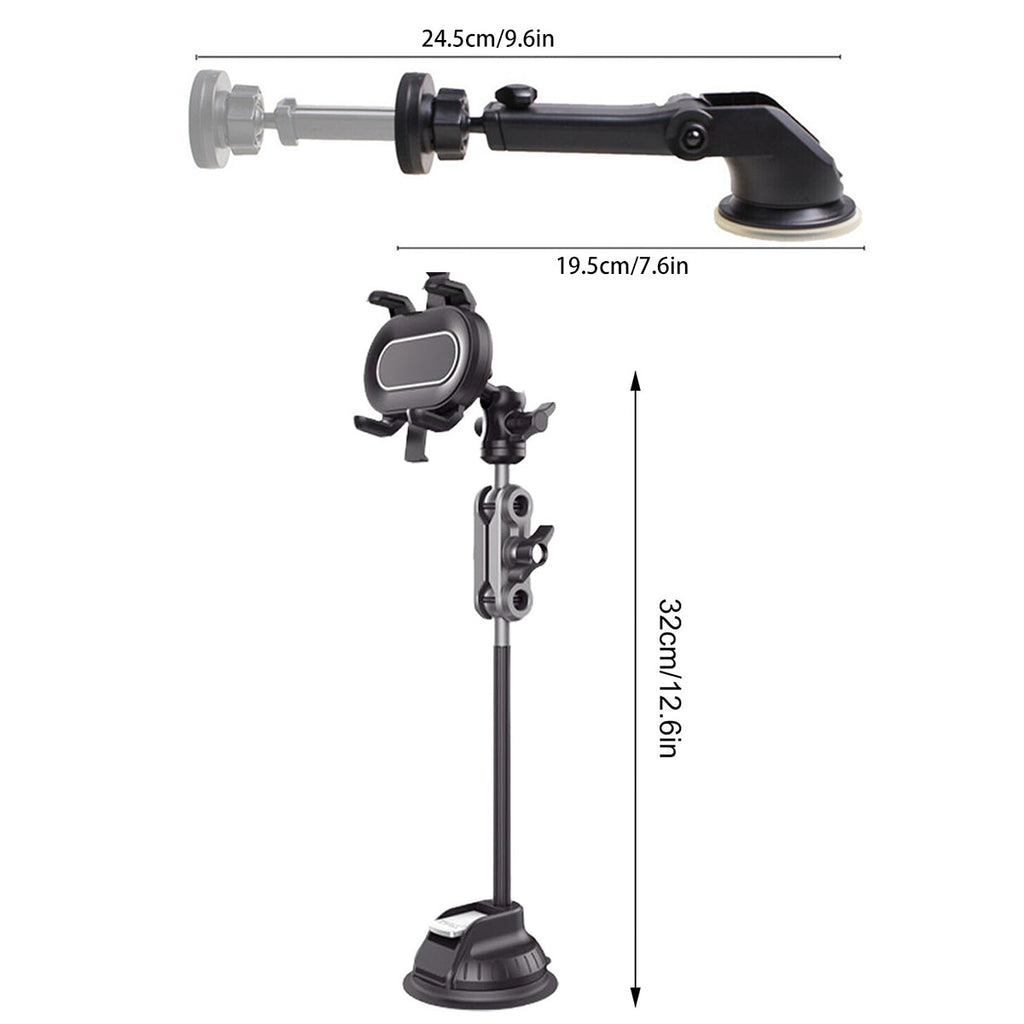 Black adjustable car phone holder with suction cup base and telescopic arm for secure dashboard mounting — view 3