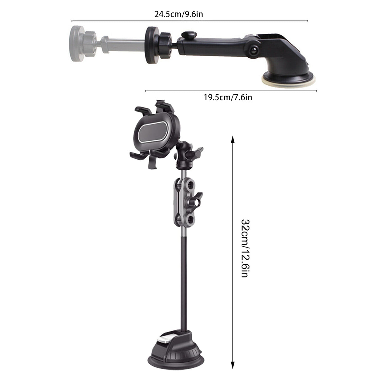 Black adjustable car phone holder with suction cup base and telescopic arm for secure dashboard mounting — view 3