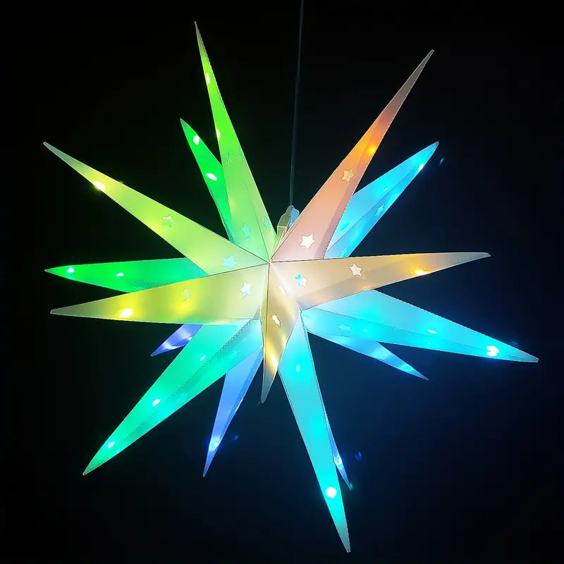 Color-changing 18-point LED 3D Moravian star light illuminating a festive indoor or outdoor holiday space — view 3