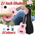 21-inch beginner ukulele in black and pink linden wood with four strings and tuning pegs