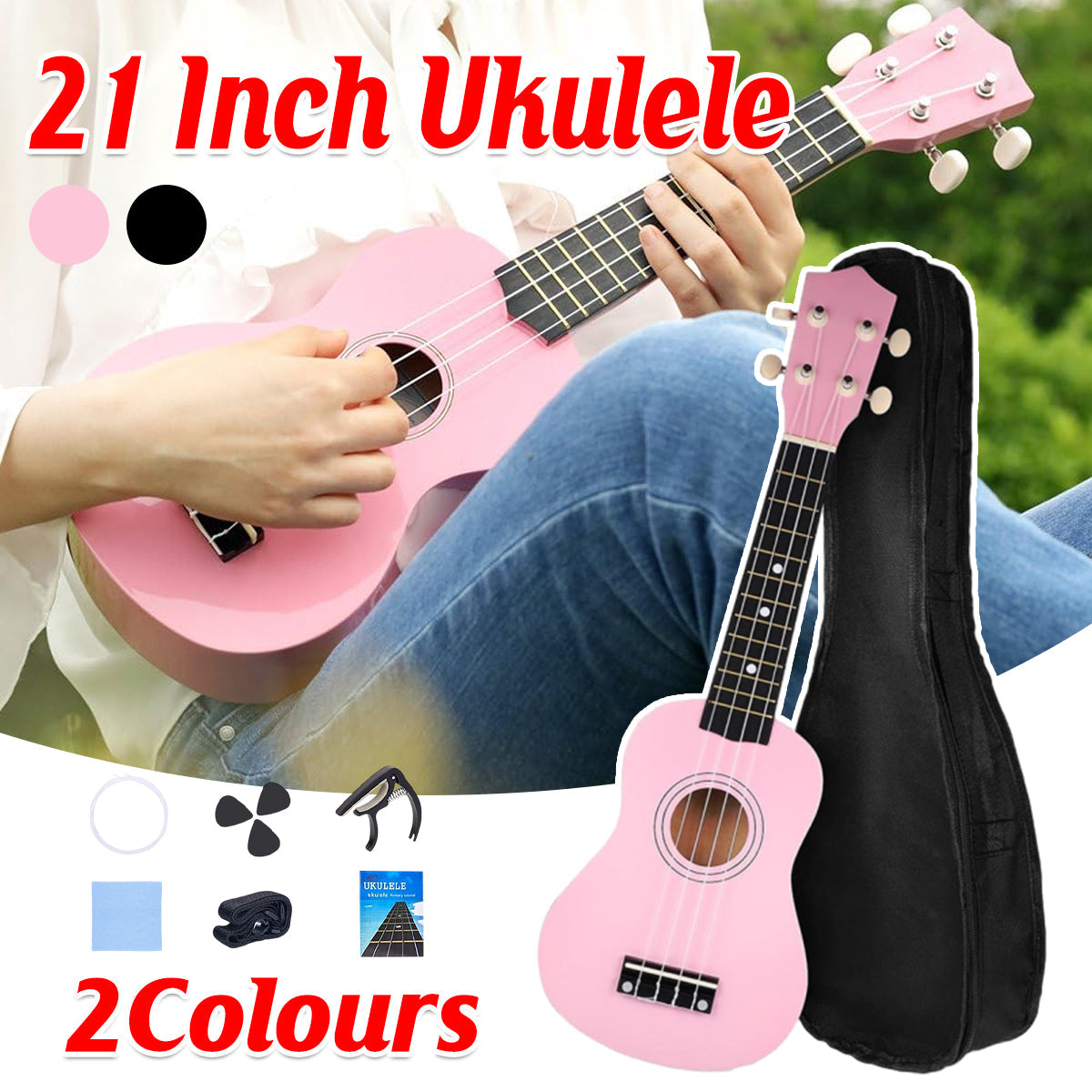 21-inch beginner ukulele in black and pink linden wood with four strings and tuning pegs