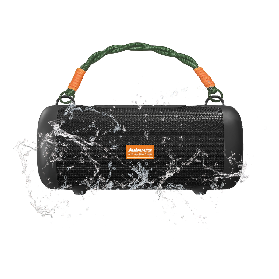 Whale portable waterproof Bluetooth speaker with black nylon shoulder strap and rugged exterior casing