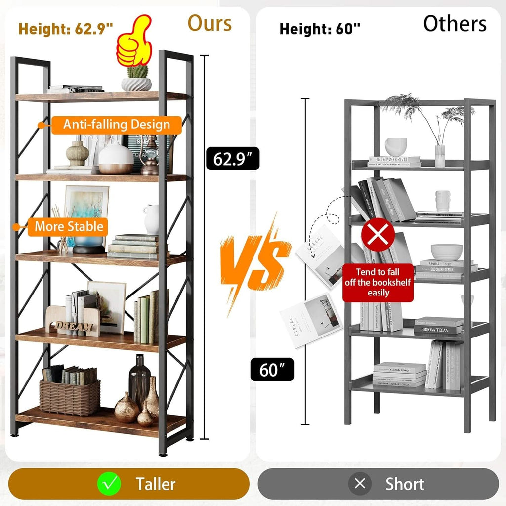 5-tier rustic tall bookshelf with industrial metal frame and brown wooden display shelves — view 3