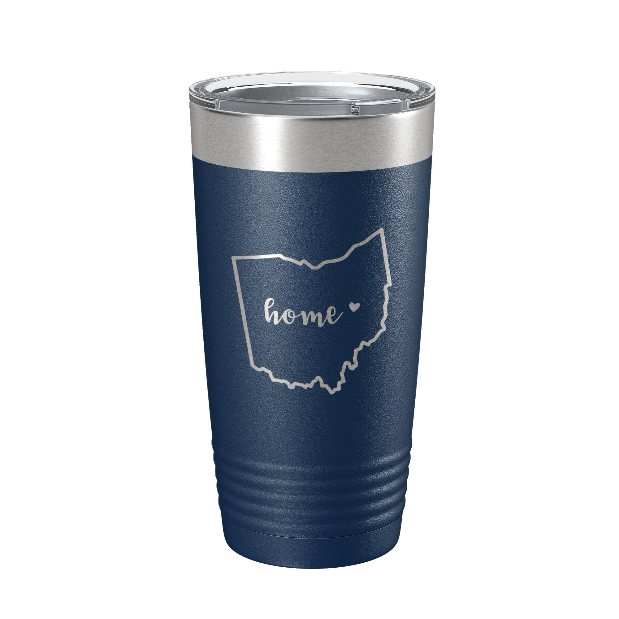 Ohio state travel tumbler in powder coated stainless steel with laser engraved map and clear lid — view 3