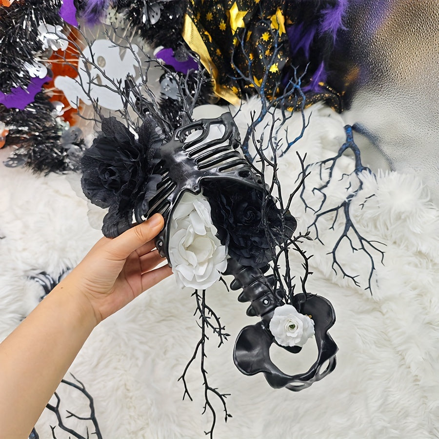 Halloween skull wreath wall hanging decor in solid black plastic for front doors and walls — view 2