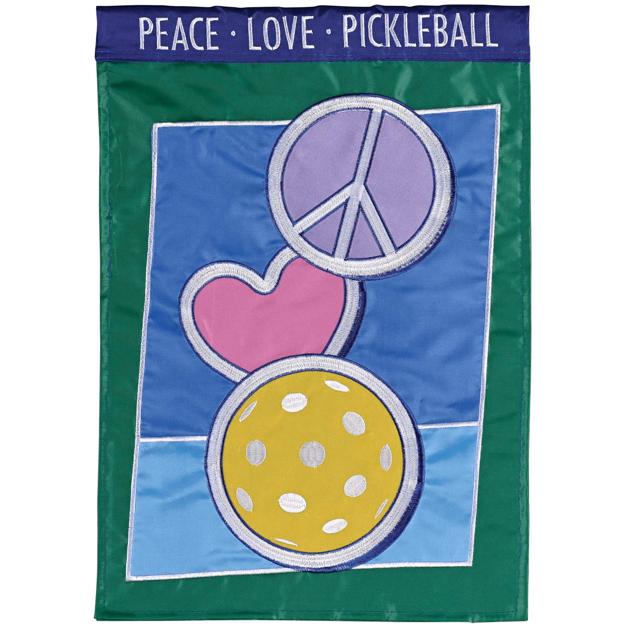 Peace love pickleball double applique garden flag in vibrant colors with embroidered fabric details