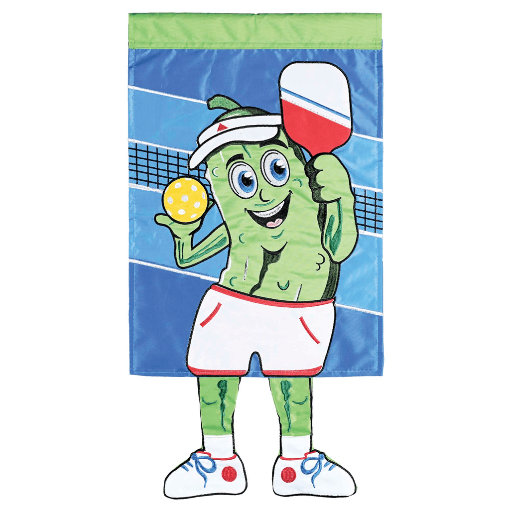 Whimsical crazy leg pickleball garden flag with colorful applique design and playful dangling legs. — view 2