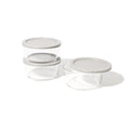 Six round borosilicate glass food storage containers with airtight grey lids for meal prep