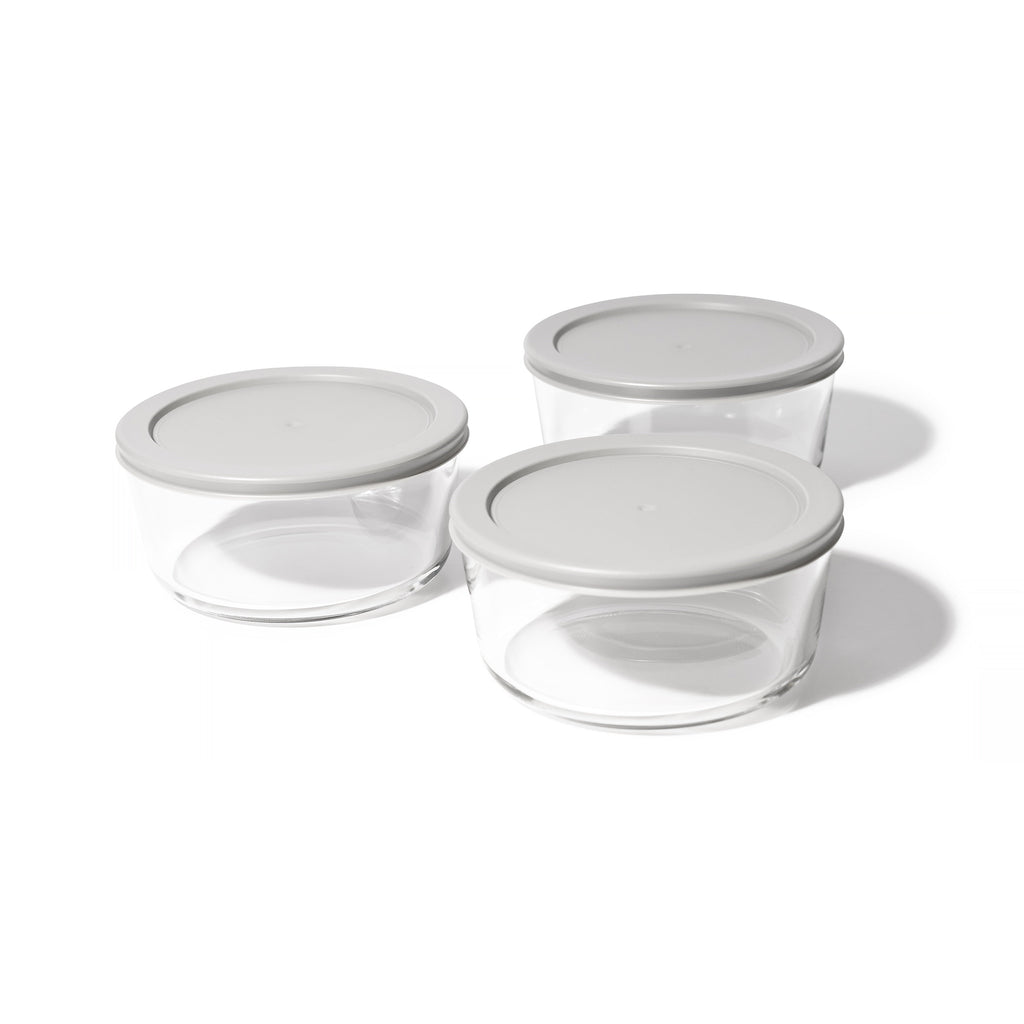 Six round borosilicate glass food storage containers with airtight grey lids for meal prep — view 3