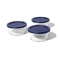 Six piece round glass storage container set with blue airtight lids for meal preparation