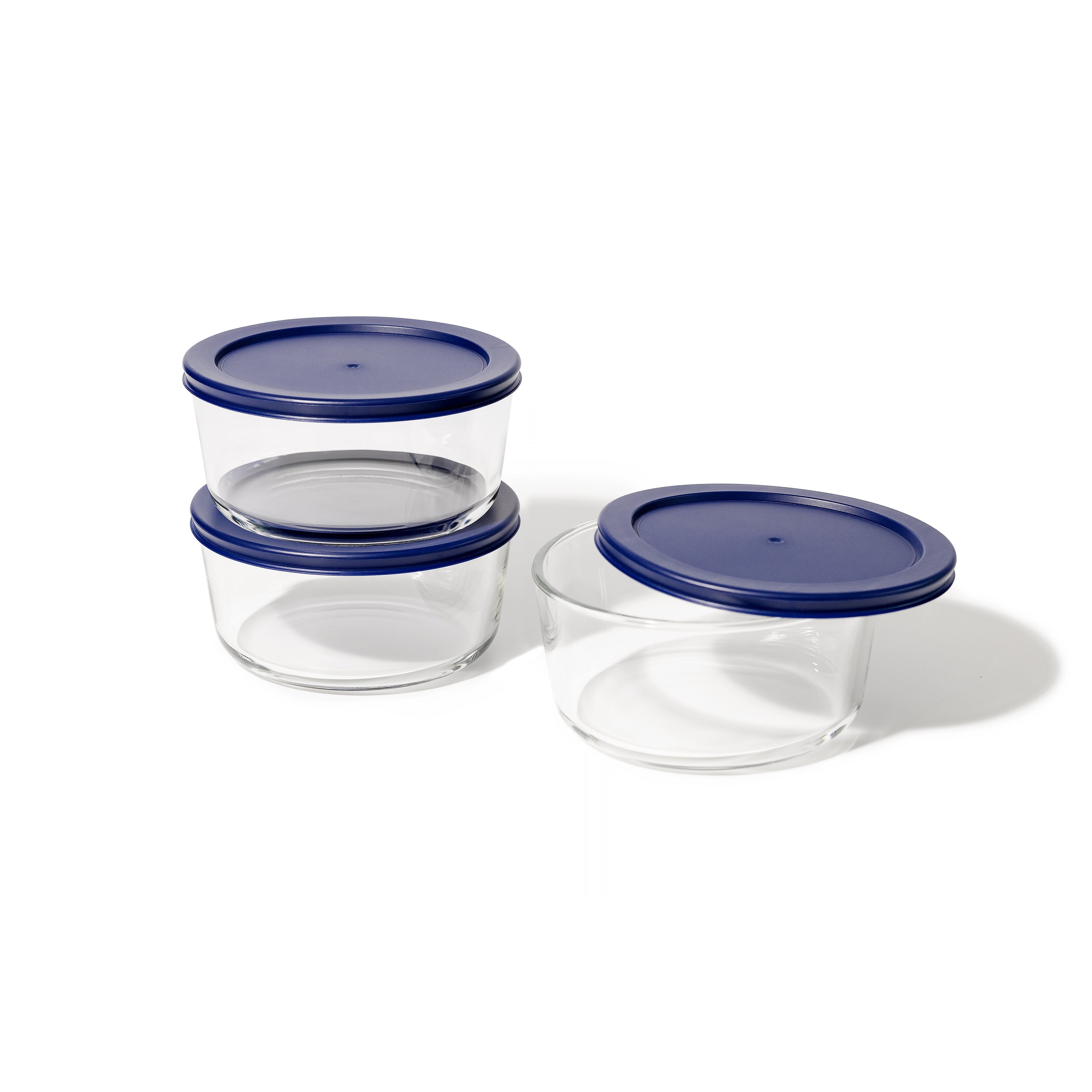 Six piece round glass storage container set with blue airtight lids for meal preparation — view 3