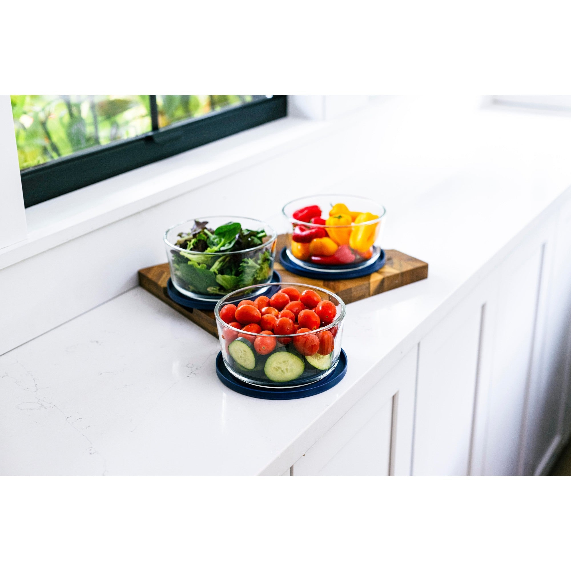Six piece round glass storage container set with blue airtight lids for meal preparation — view 4