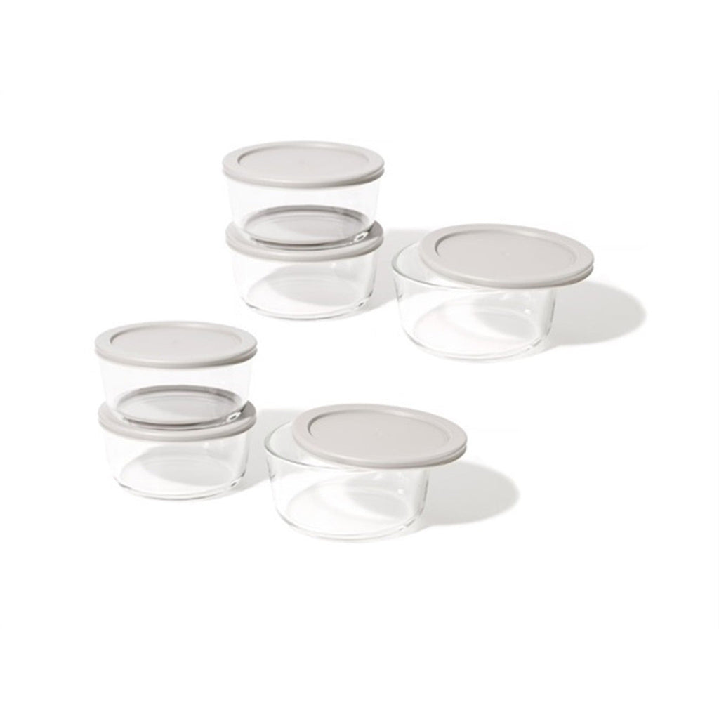 Six round 32oz glass food storage containers with grey airtight locking lids for meal prep