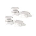 Six round 32oz glass food storage containers with grey airtight locking lids for meal prep