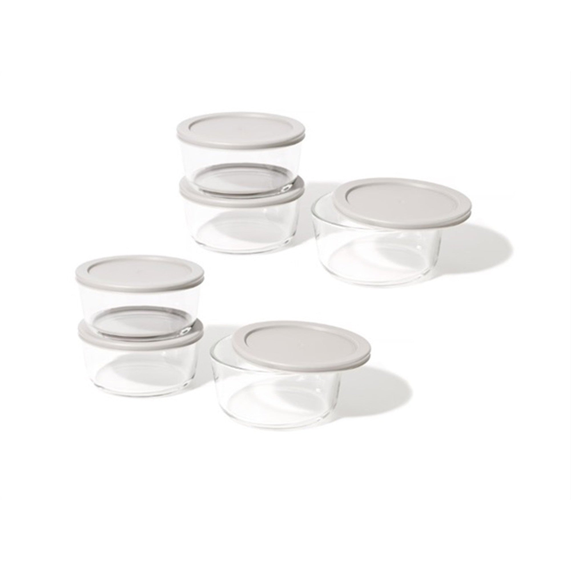 Six round 32oz glass food storage containers with grey airtight locking lids for meal prep