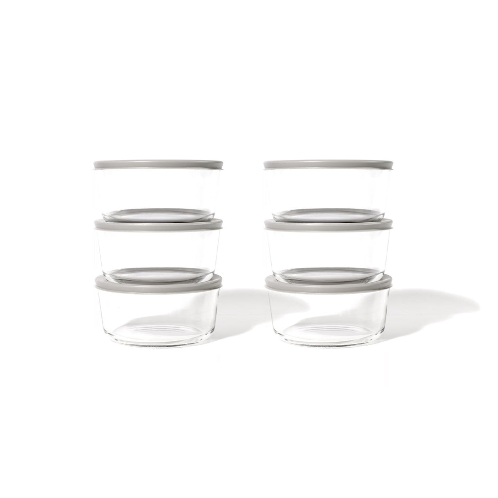 Six round 32oz glass food storage containers with grey airtight locking lids for meal prep — view 3