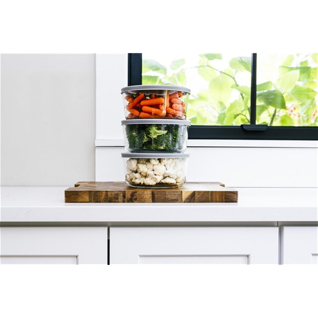 Six round 32oz glass food storage containers with grey airtight locking lids for meal prep — view 5