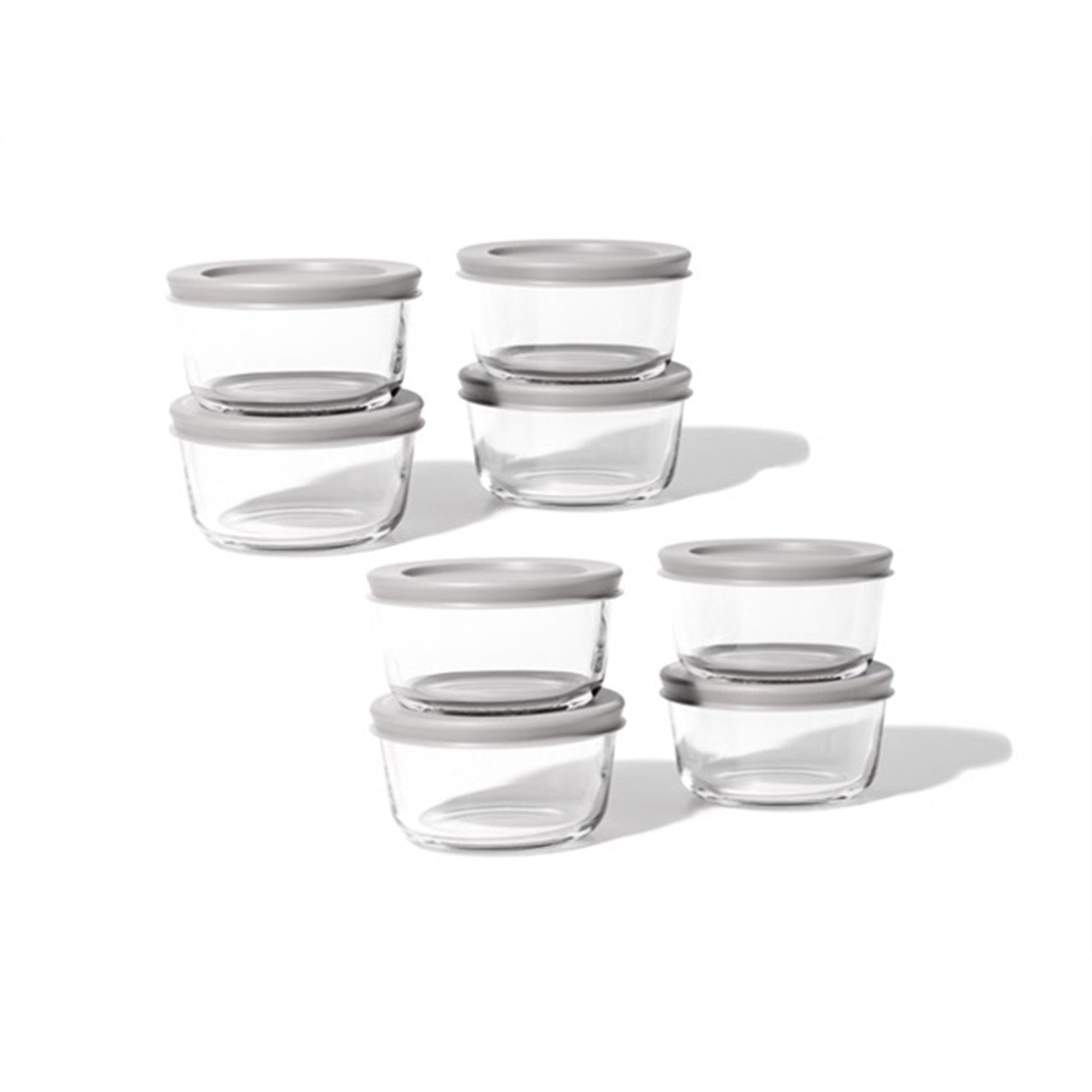 16-piece round glass food storage container set with airtight grey lids for kitchen meal prep
