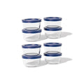 Round glass food storage containers with vibrant blue airtight lids for kitchen meal prep