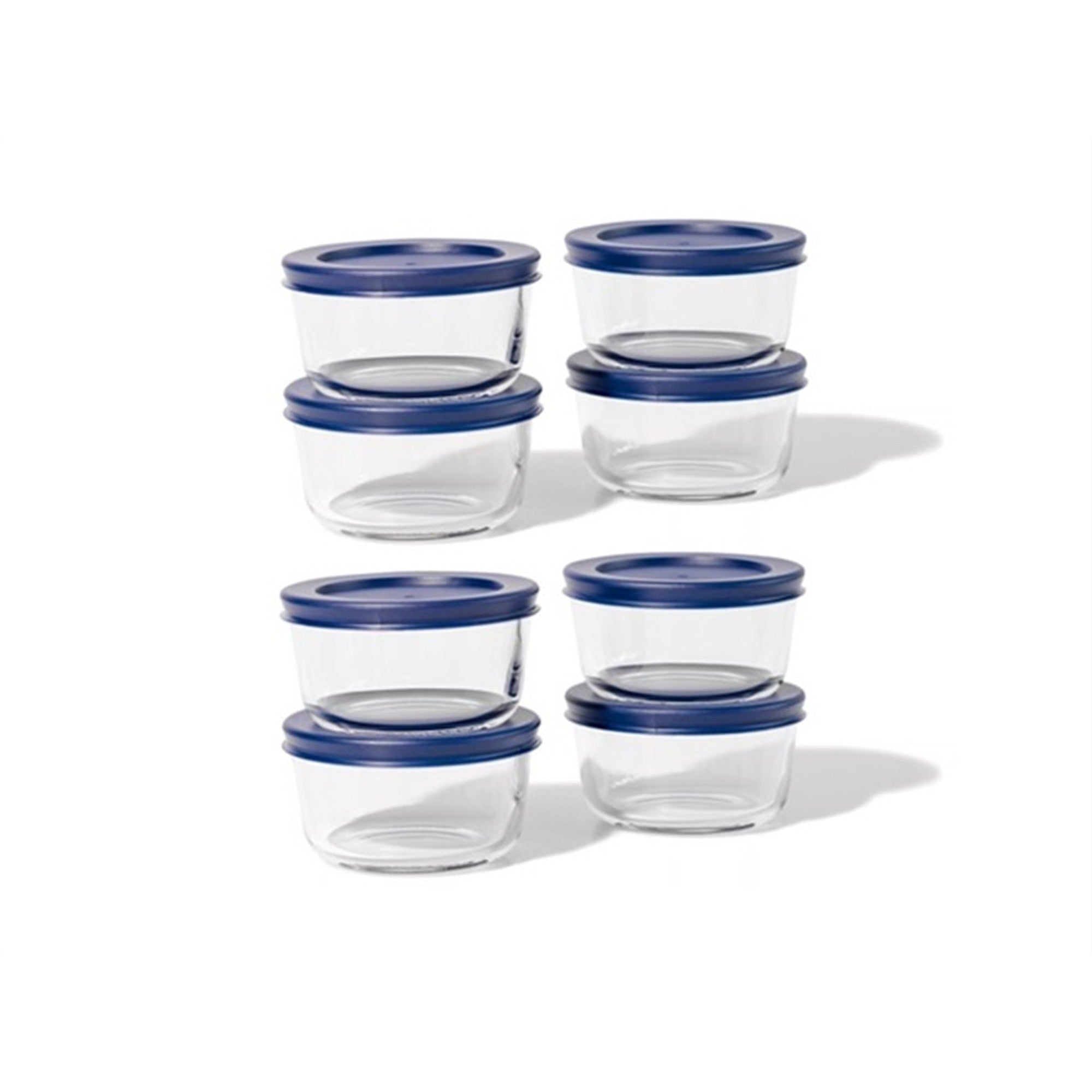 Round glass food storage containers with vibrant blue airtight lids for kitchen meal prep