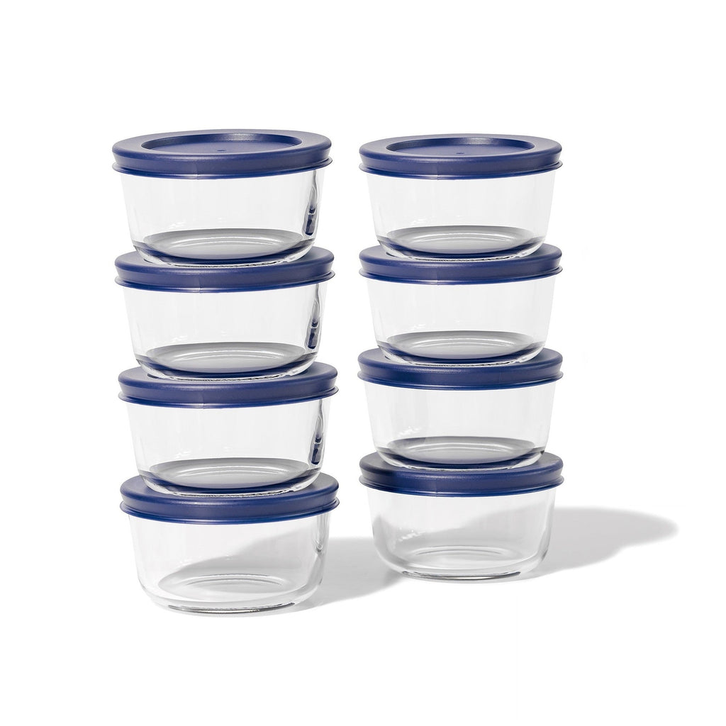 Round glass food storage containers with vibrant blue airtight lids for kitchen meal prep — view 3
