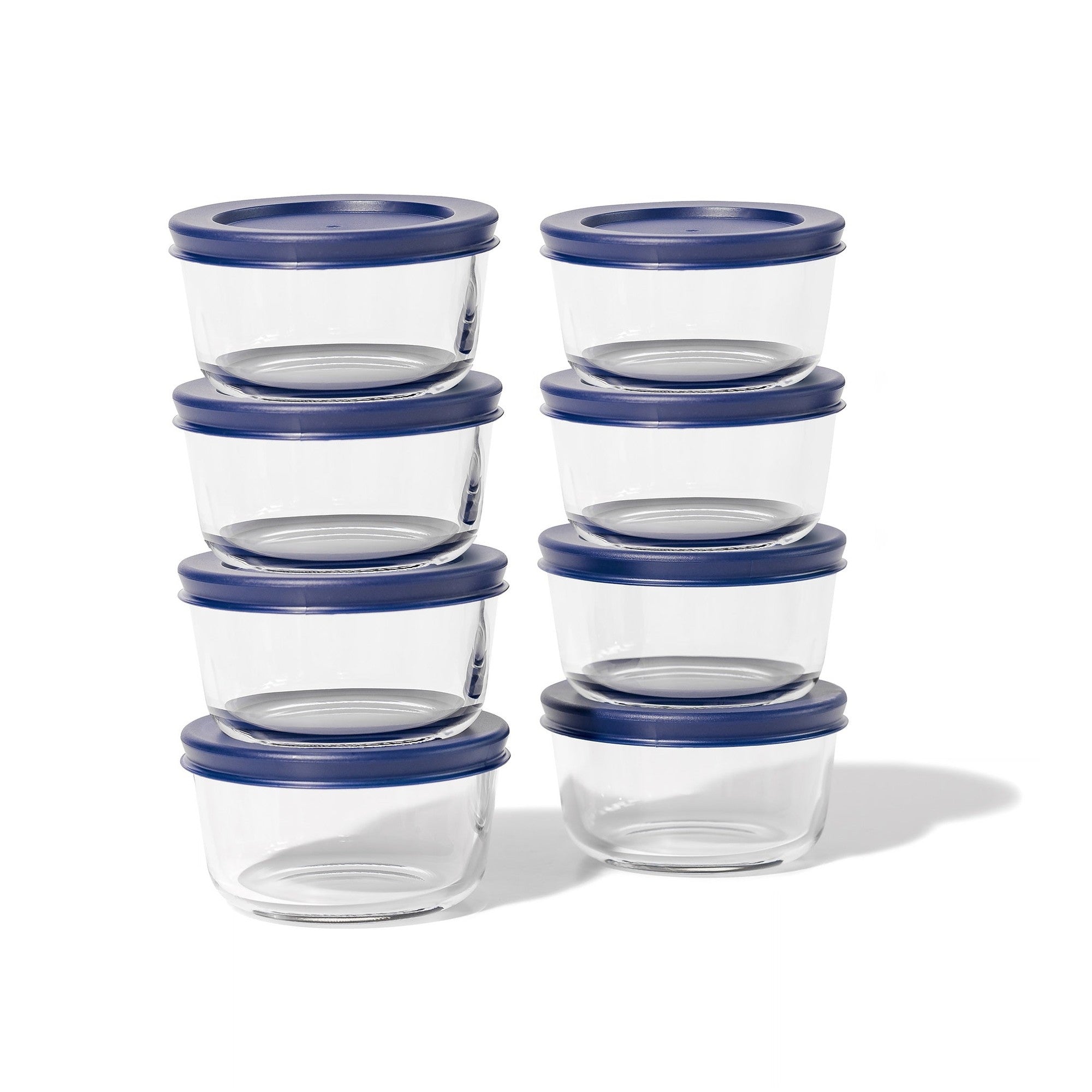 Round glass food storage containers with vibrant blue airtight lids for kitchen meal prep — view 3