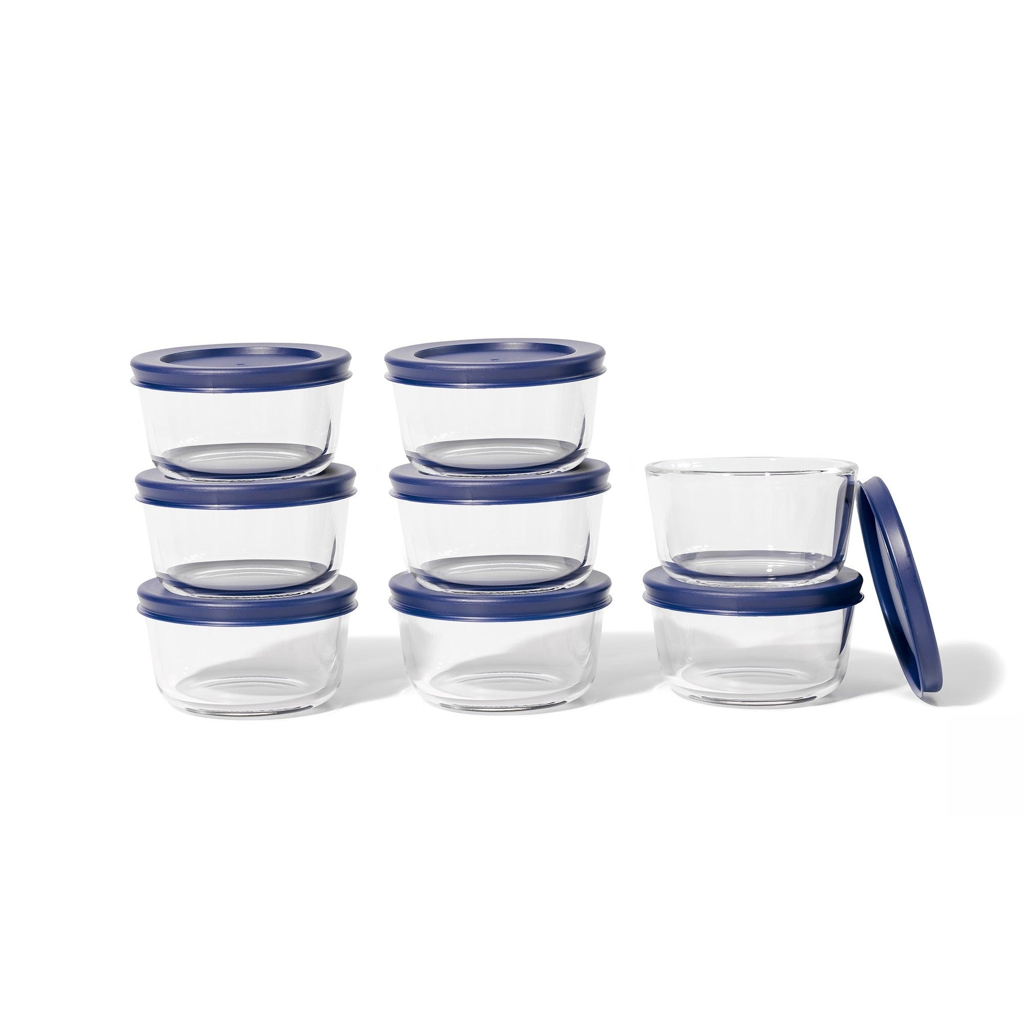 Round glass food storage containers with vibrant blue airtight lids for kitchen meal prep — view 5