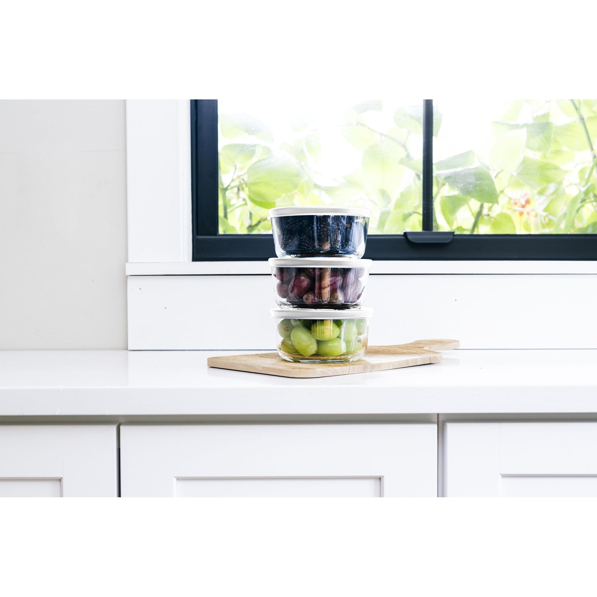 16oz round glass storage containers with airtight white lids for kitchen organization and meal prep — view 3