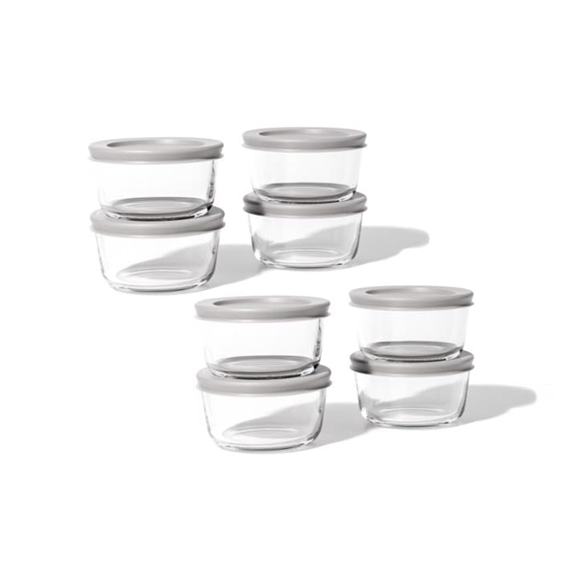 16 piece round glass storage container set with airtight grey lids and 7oz capacity