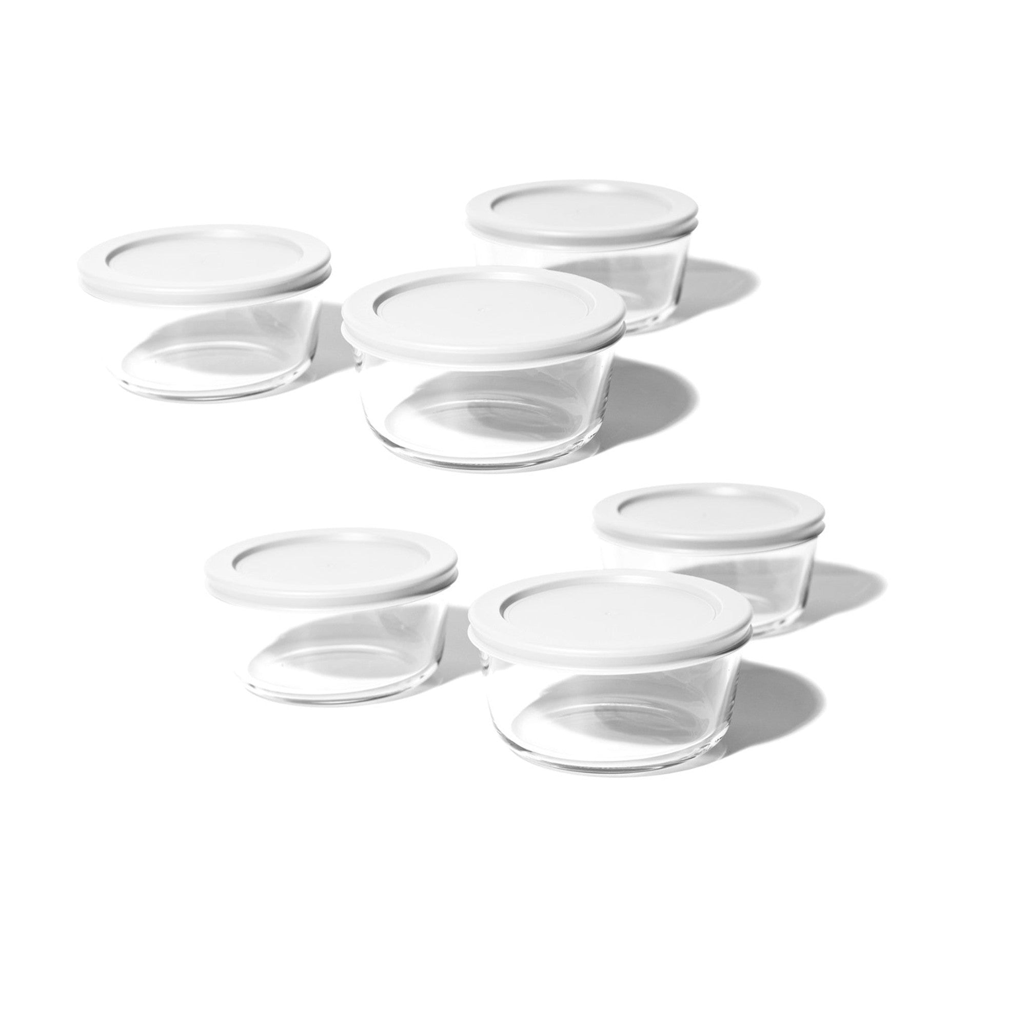 12-piece round borosilicate glass food storage container set with airtight white lids for meal prep
