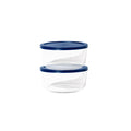 Four piece round glass food storage container set with airtight blue lids for kitchen meal prep