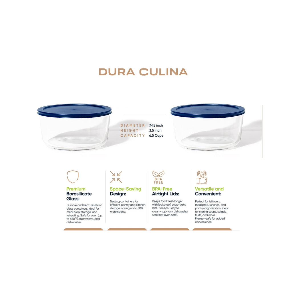 Four piece round glass food storage container set with airtight blue lids for kitchen meal prep — view 5