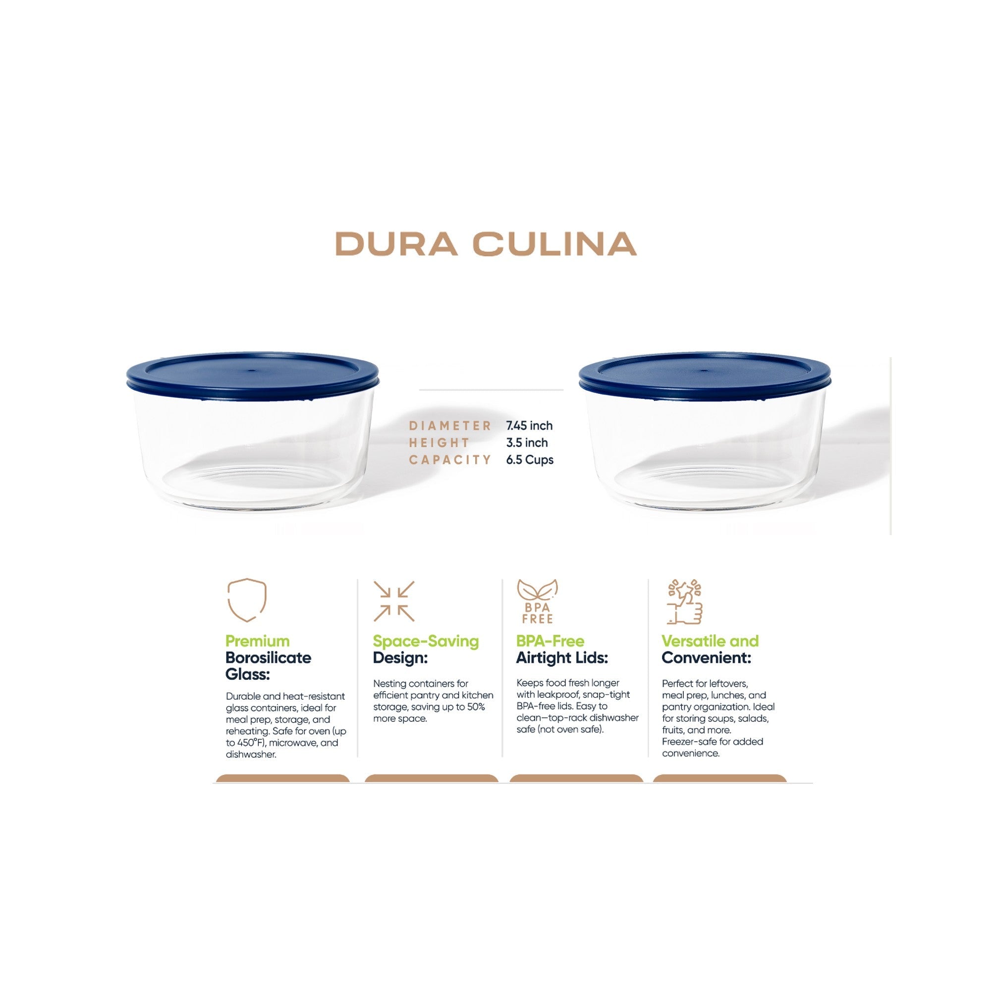 Four piece round glass food storage container set with airtight blue lids for kitchen meal prep — view 5