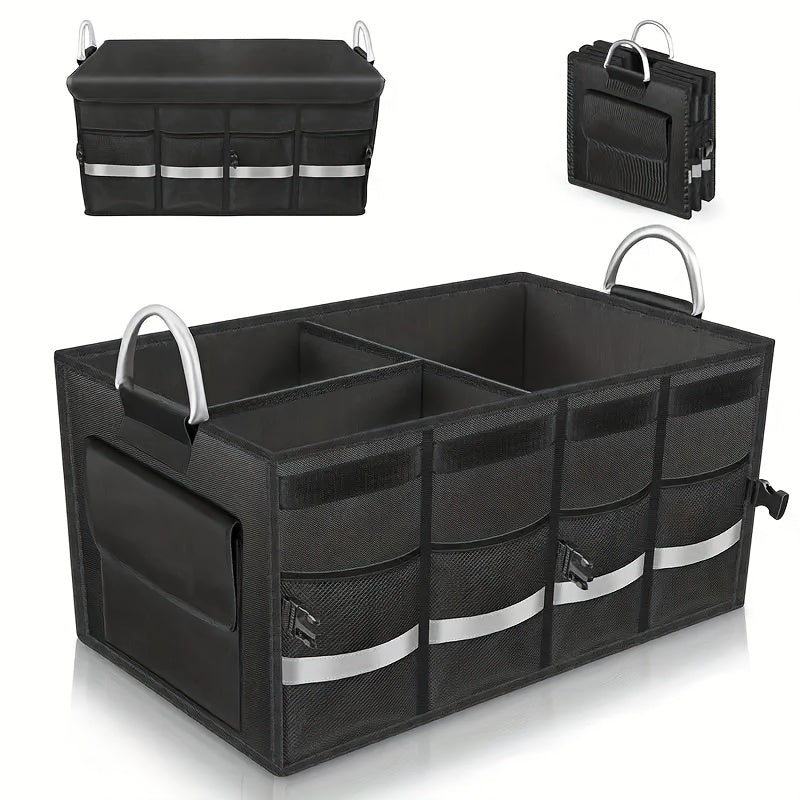 Folding car trunk organizer in black Oxford fabric with multiple storage compartments for vehicle accessories — view 4