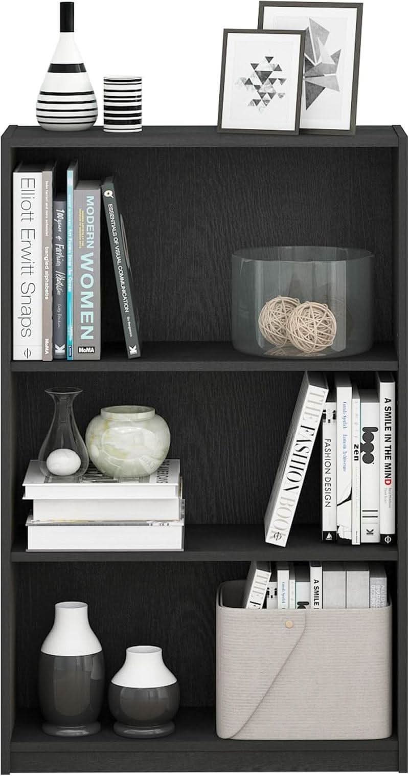 Black three-tier adjustable wooden bookcase displaying books and decor for home office storage. — view 5
