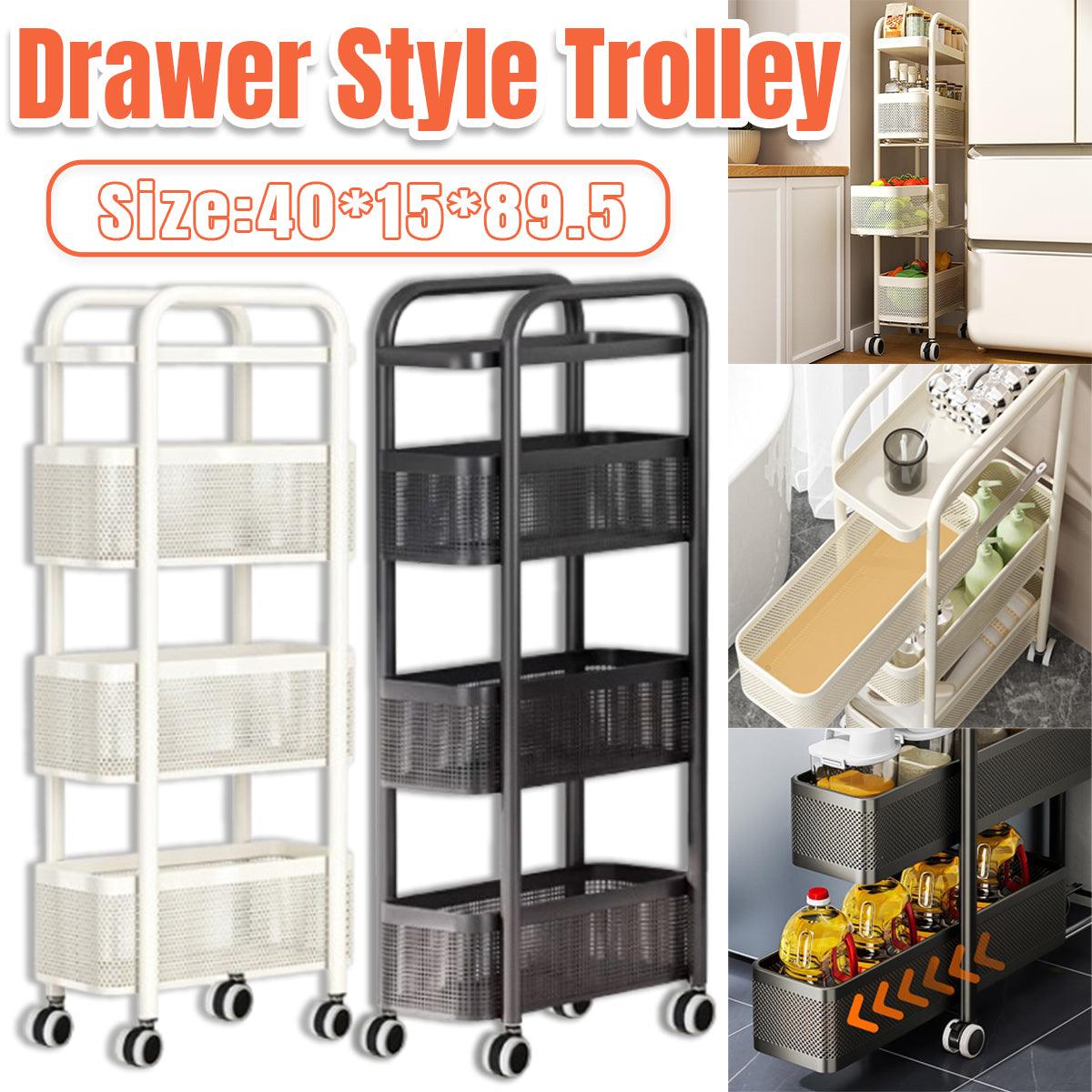 Three-tier slim metal storage trolley with smooth-rolling wheels and perforated baskets for tight spaces.